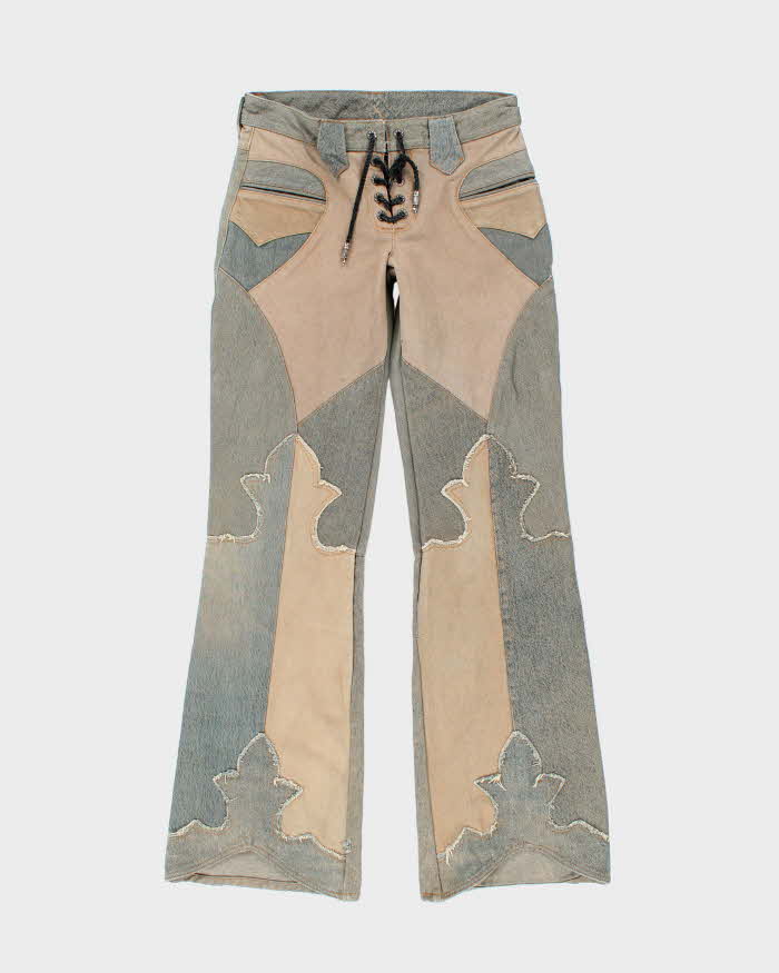 Vintage 1990s Y2K Women's Amal Guessous A&amp;G Rock ‘n Roll Couture ‘Fleury Cross’ Laced Patchwork Bootcut Flared Jeans - W28 L34