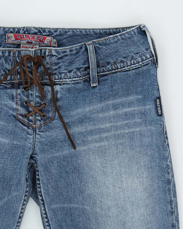 Vintage 1990s Silver Western Women's Lace Up Denim Flared Low Rise Jeans - W32 L34