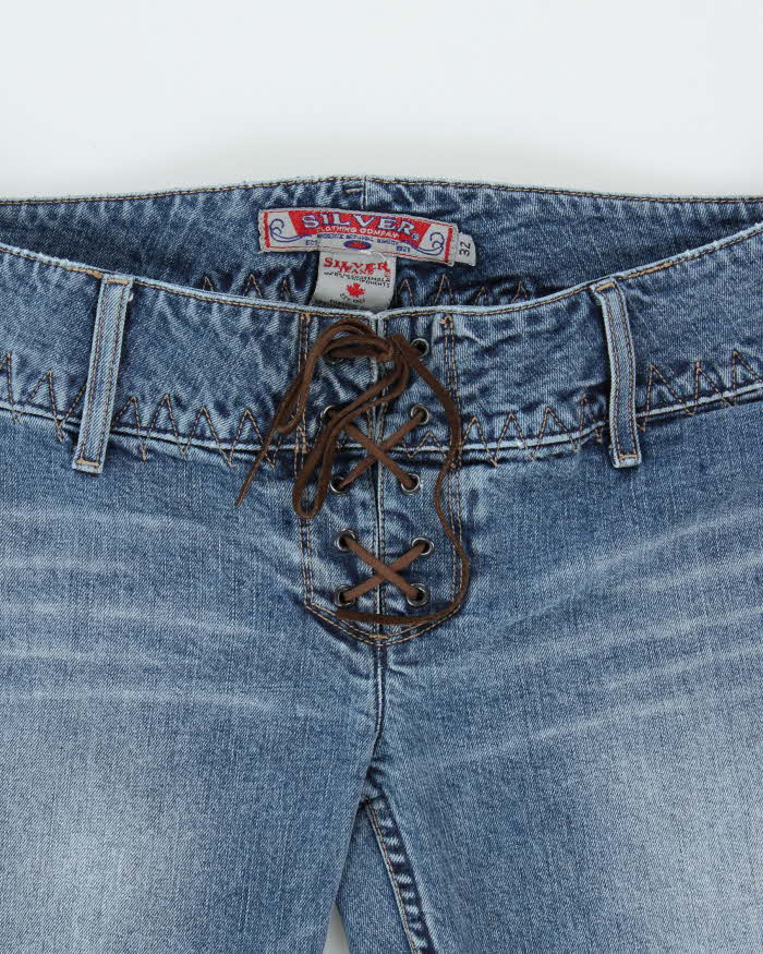 Vintage 1990s Silver Western Women's Lace Up Denim Flared Low Rise Jeans - W32 L34