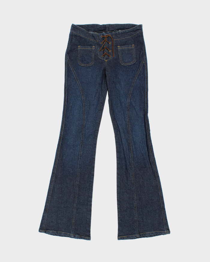 Vintage Y2K 00s Anne.X Women's Made In USA Raw Indigo Denim Lace Up Slim Flared Jeans - W28 L33