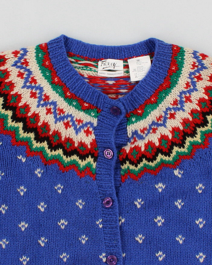 Vintage 90s Blue Fair Isle Style Hand Embroidered Cardigan  - M