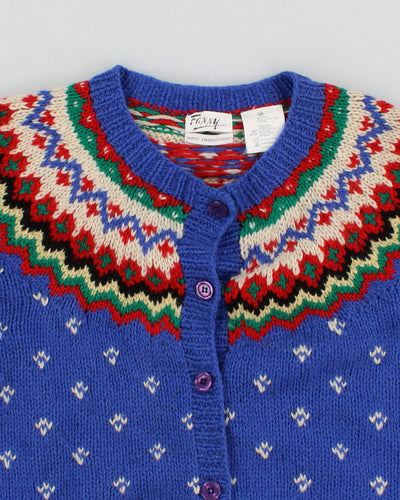 Womens Blue Fair Isle Style Hand Embroidered Cardigan  - M