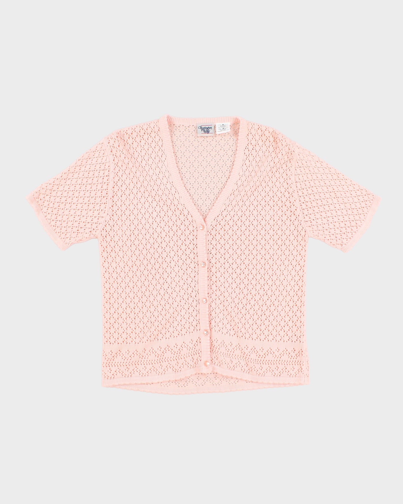 Womens Pink Short Sleeve Button Up Crochet Jumper - M