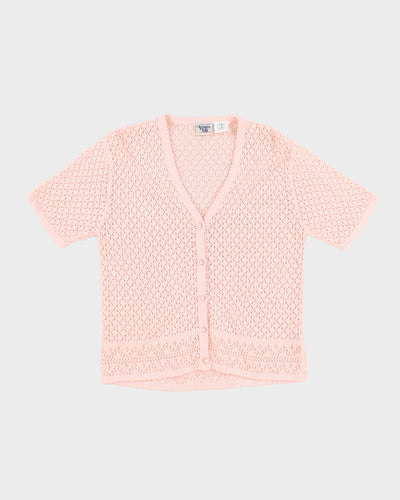 Womens Pink Short Sleeve Button Up Crochet Jumper - M