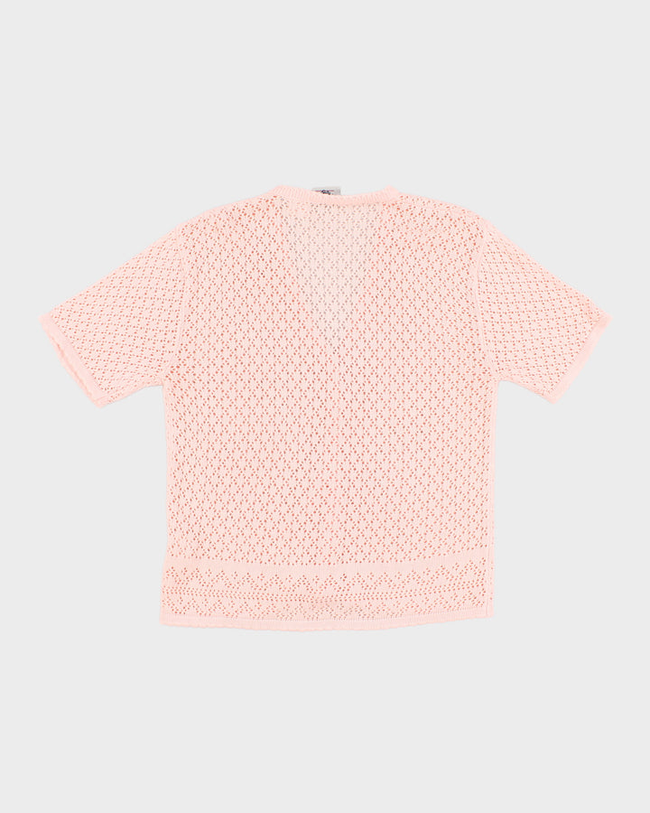 Womens Pink Short Sleeve Button Up Crochet Jumper - M
