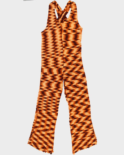 Womens Vintage 1970s Brown and Peach Handmade Knitted Jumpsuit - M