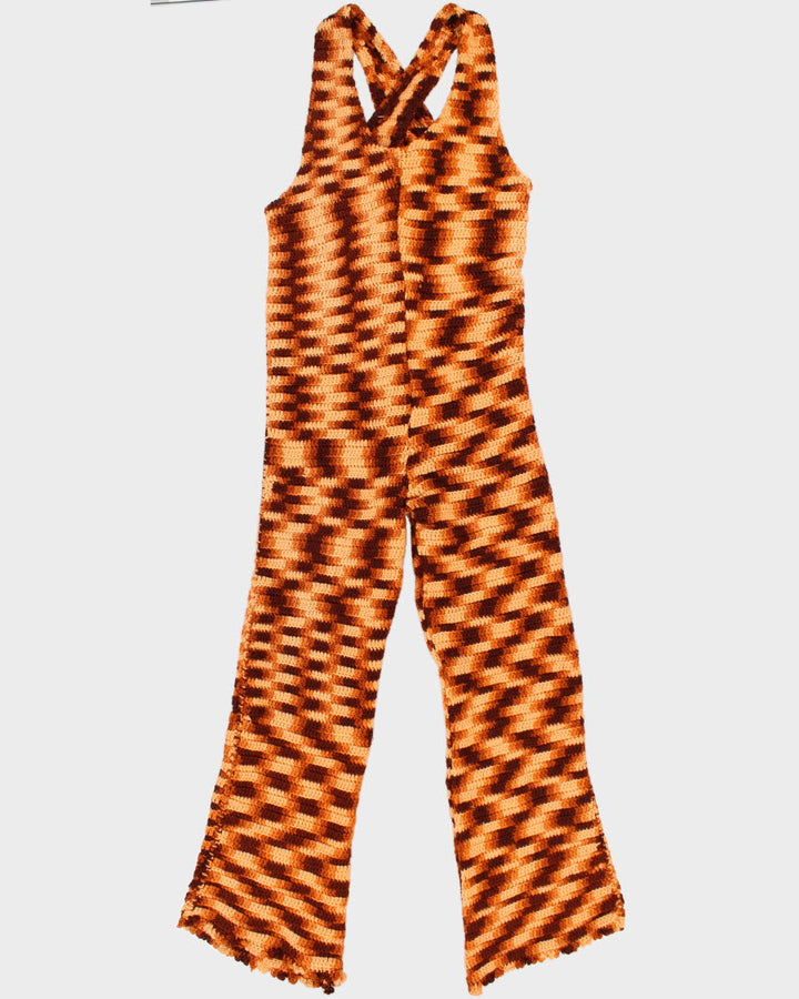 Womens Vintage 1970s Brown and Peach Handmade Knitted Jumpsuit - M