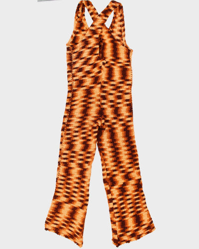 Womens Vintage 1970s Brown and Peach Handmade Knitted Jumpsuit - M