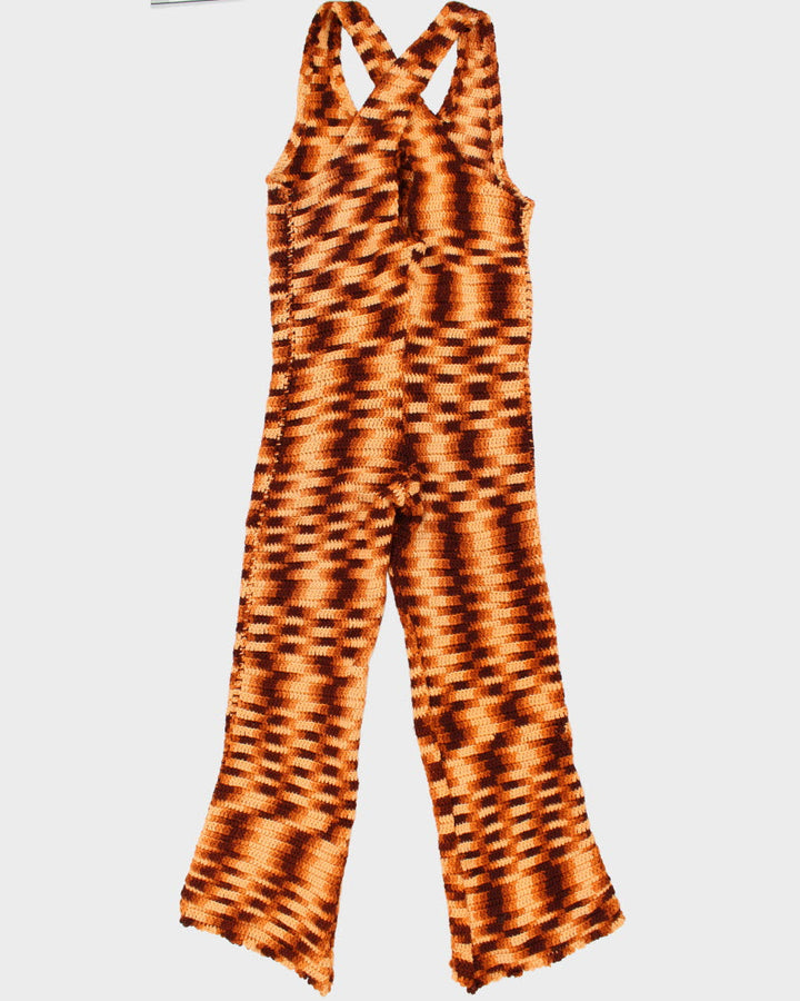 Womens Vintage 1970s Brown and Peach Handmade Knitted Jumpsuit - M