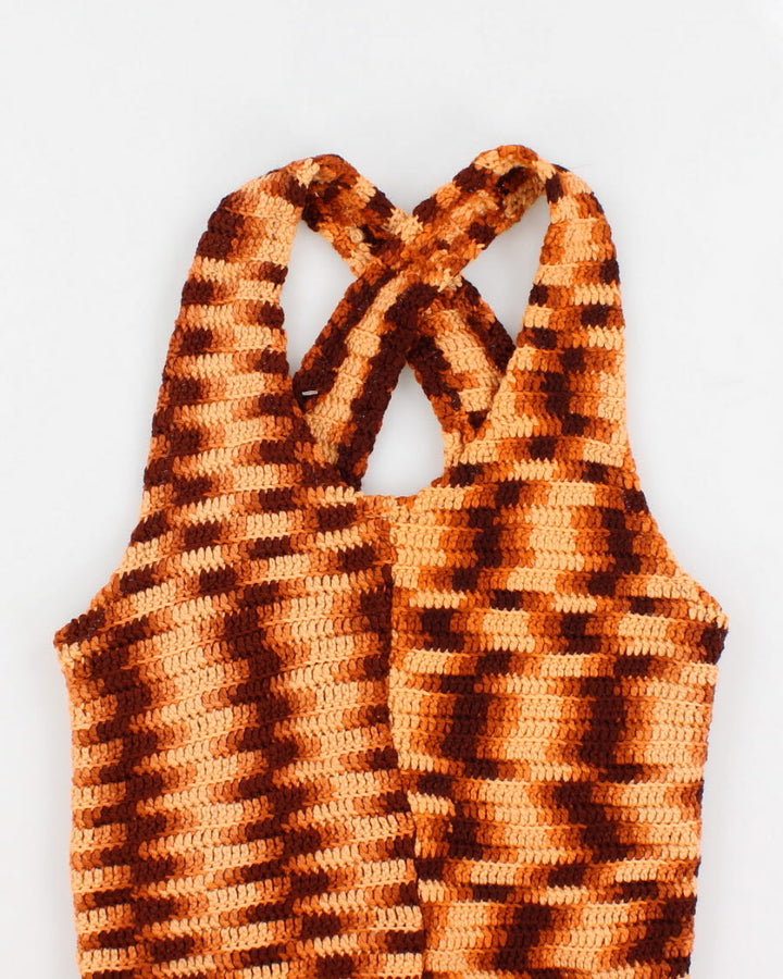 Womens Vintage 1970s Brown and Peach Handmade Knitted Jumpsuit - M