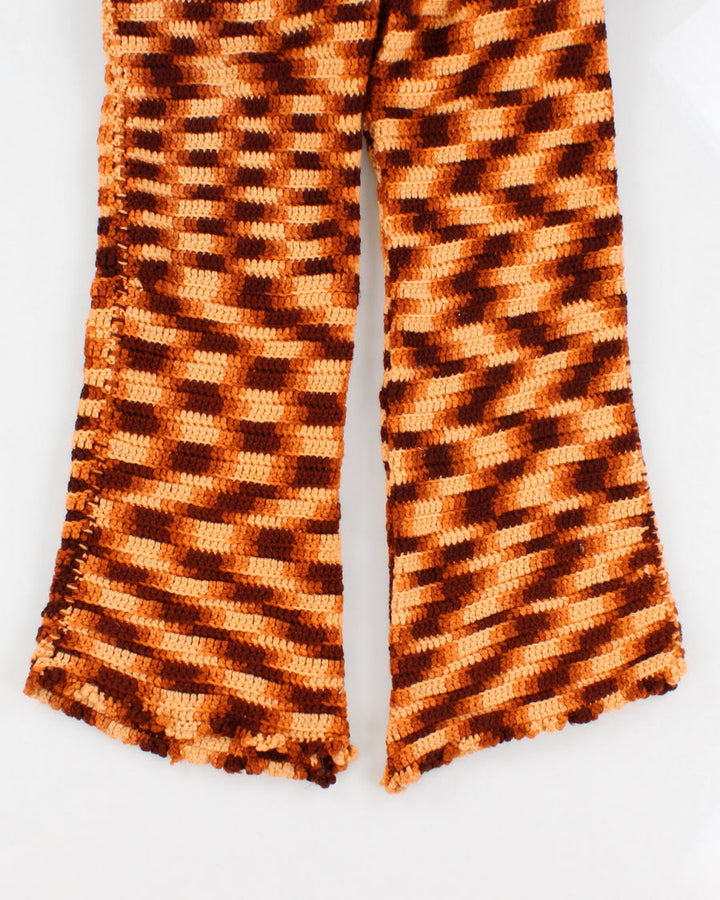 Womens Vintage 1970s Brown and Peach Handmade Knitted Jumpsuit - M