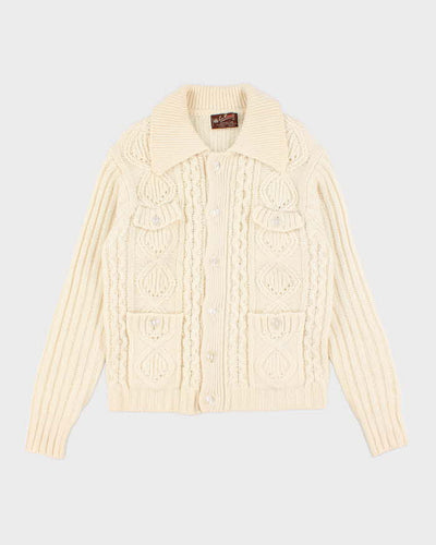 Womens Vintage Cream Cable Knit Wool Button Up Cardigan - L