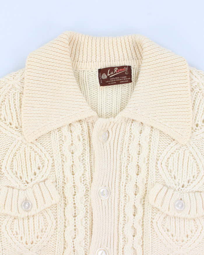 Womens Vintage Cream Cable Knit Wool Button Up Cardigan - L