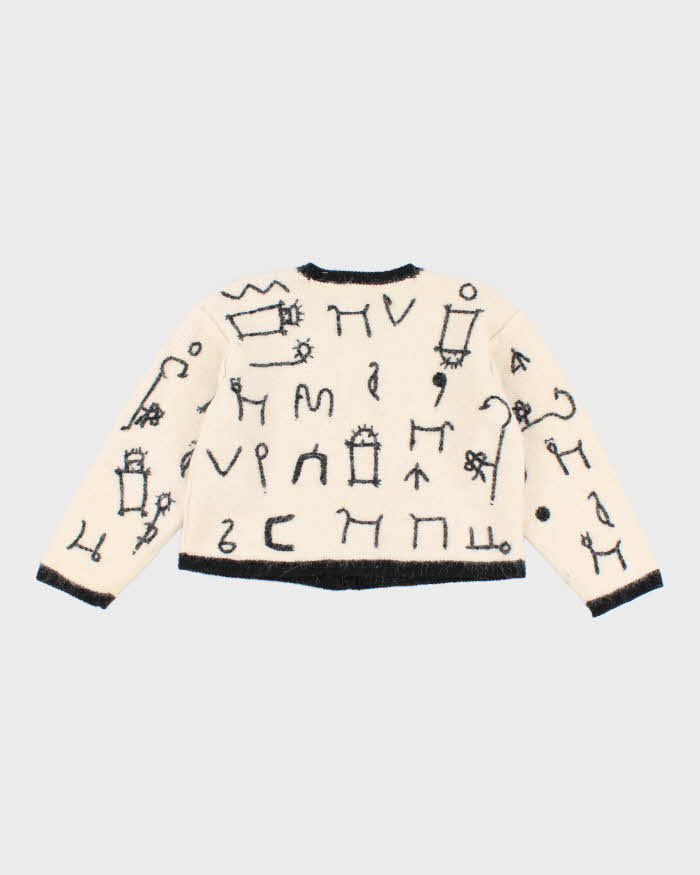 Womens Handmade Alpaca White and Black Design Cropped Cardigan - S
