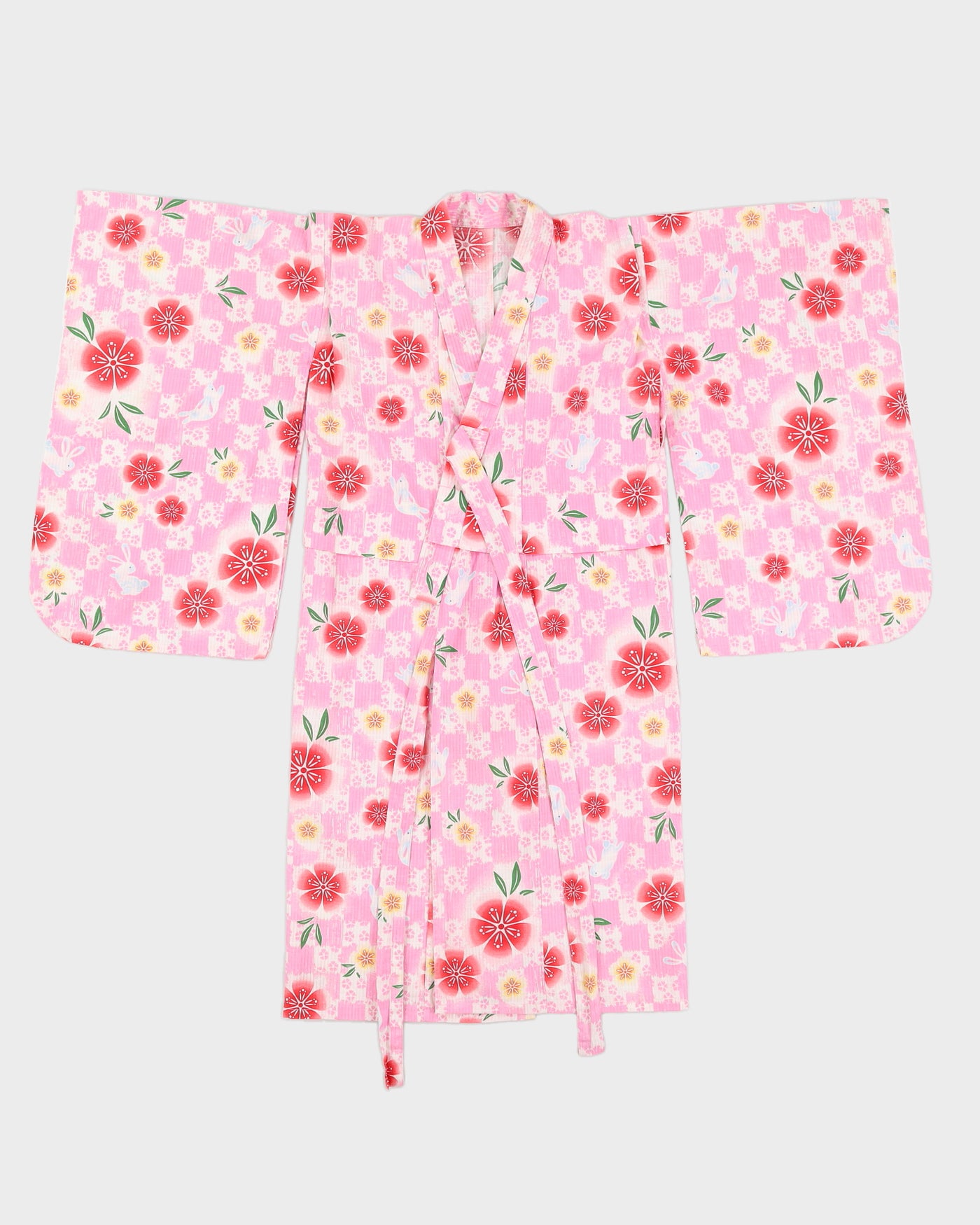 Flower and Bunny Print Pink Kimono - XS