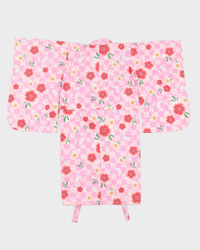 Flower and Bunny Print Pink Kimono - XS
