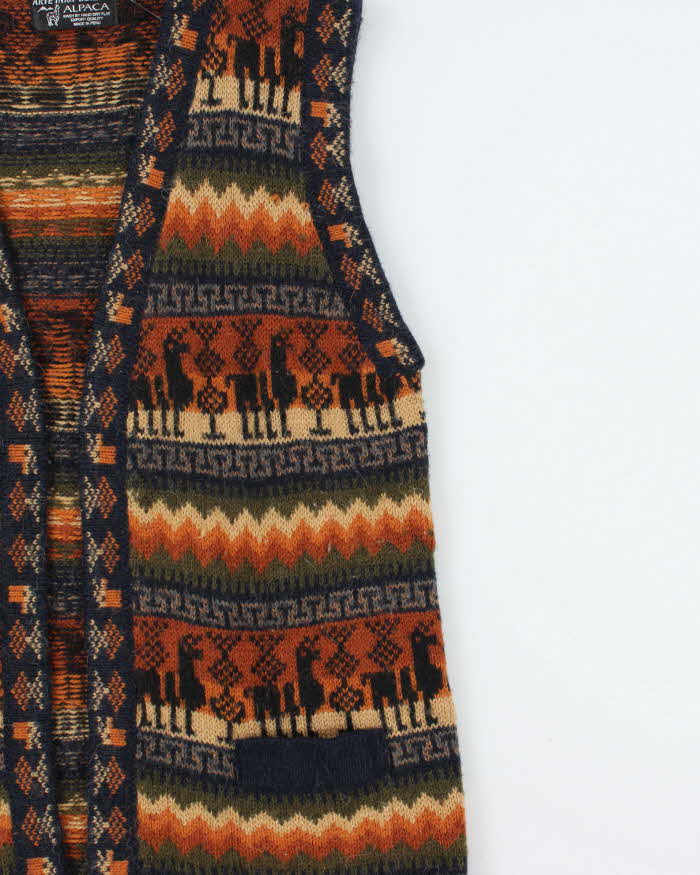 Vintage 1990s Arte Inka-Berfass Pure Alpaca Wool Patterned Sleeveless Knit Cardigan - M