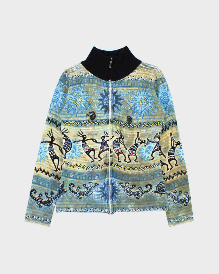 Vintage 1990s Bellisima Women's Wool Blend Embellished Aztec Patterned Funnel Neck Zip-Up Cardigan - M
