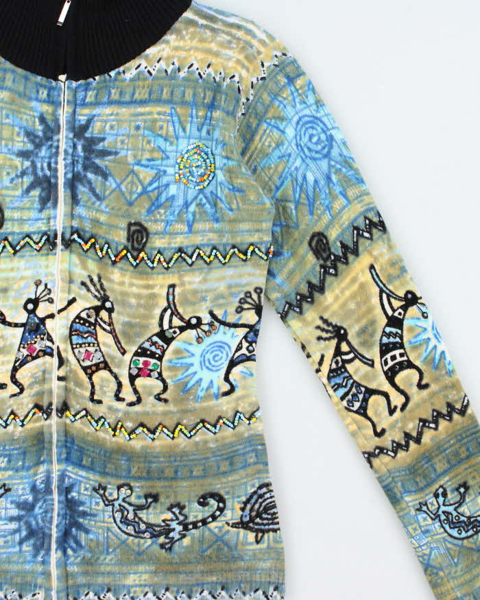 Vintage 1990s Bellisima Women's Wool Blend Embellished Aztec Patterned Funnel Neck Zip-Up Cardigan - M