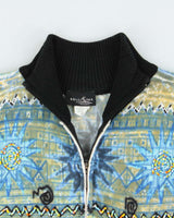 Vintage 1990s Bellisima Women's Wool Blend Embellished Aztec Patterned Funnel Neck Zip-Up Cardigan - M