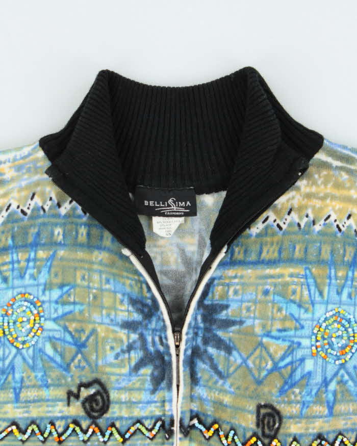 Vintage 1990s Bellisima Women's Wool Blend Embellished Aztec Patterned Funnel Neck Zip-Up Cardigan - M