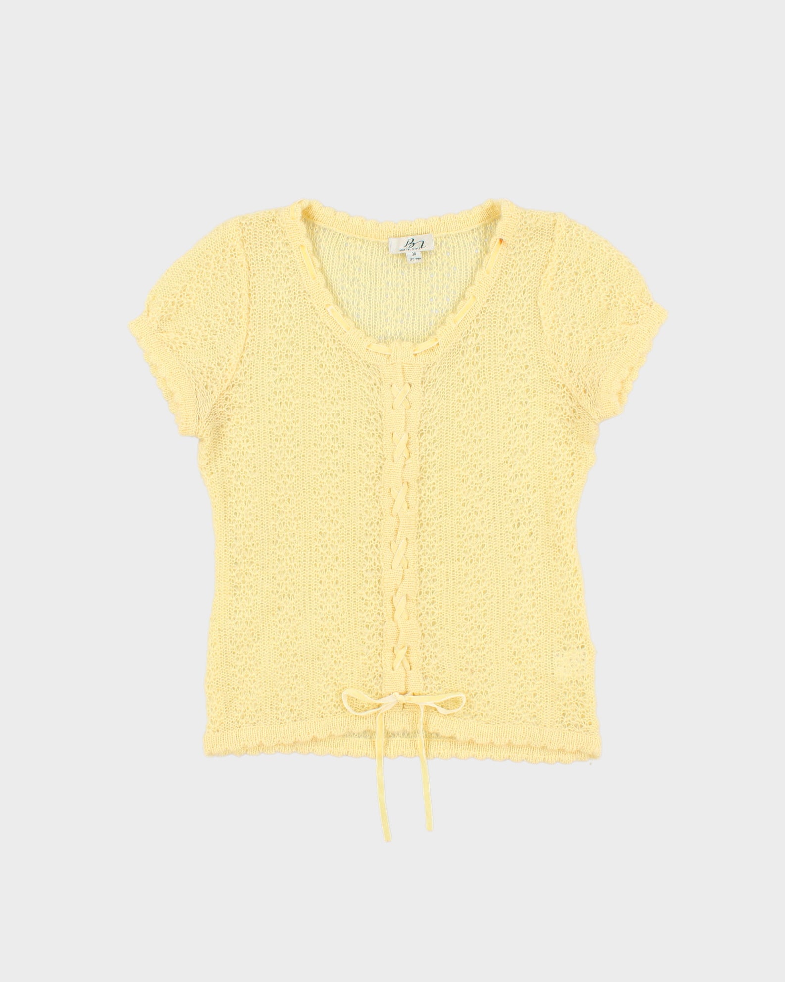 Vintage 1990s Bear Two Fine Wool Blend Knit Lace-up Short Sleeve Cardigan - M