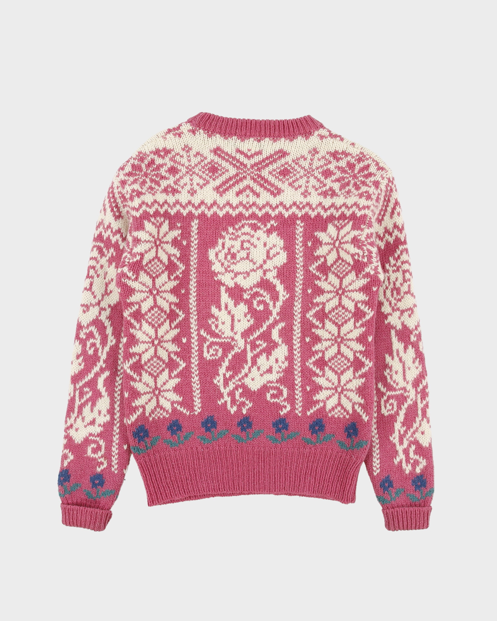 Vintage 1990s Woolrich Women's Hot Pink Fair Isle Wool Mohair Chunky Crewneck Knit Jumper - S