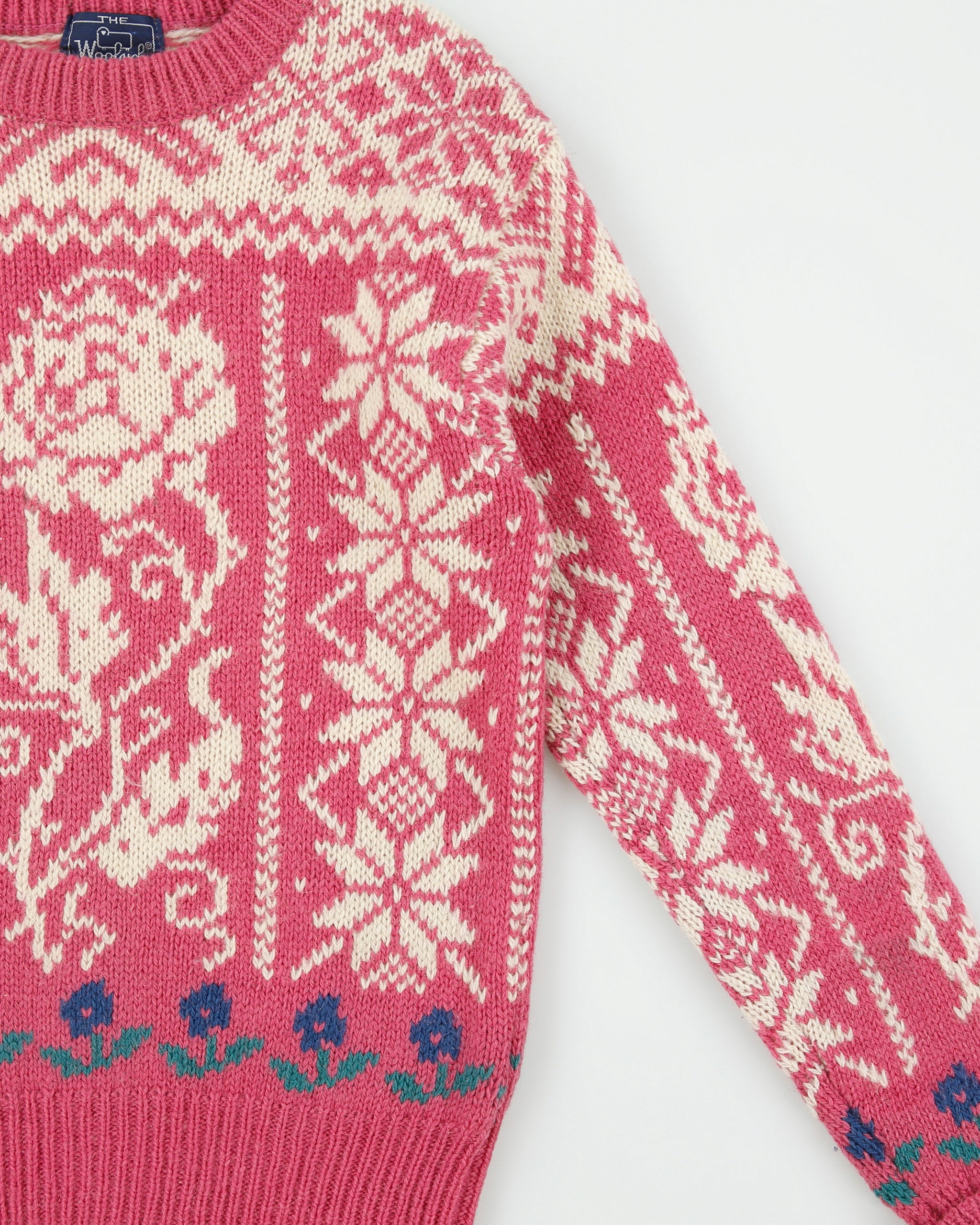Vintage 1990s Woolrich Women's Hot Pink Fair Isle Wool Mohair Chunky Crewneck Knit Jumper - S
