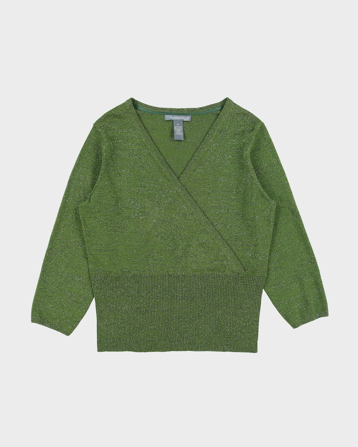Vintage Y2K 00s Hillard &amp; Hanson Glitter Faux Wrap 3/4 Length Sleeve Knit Top - XL