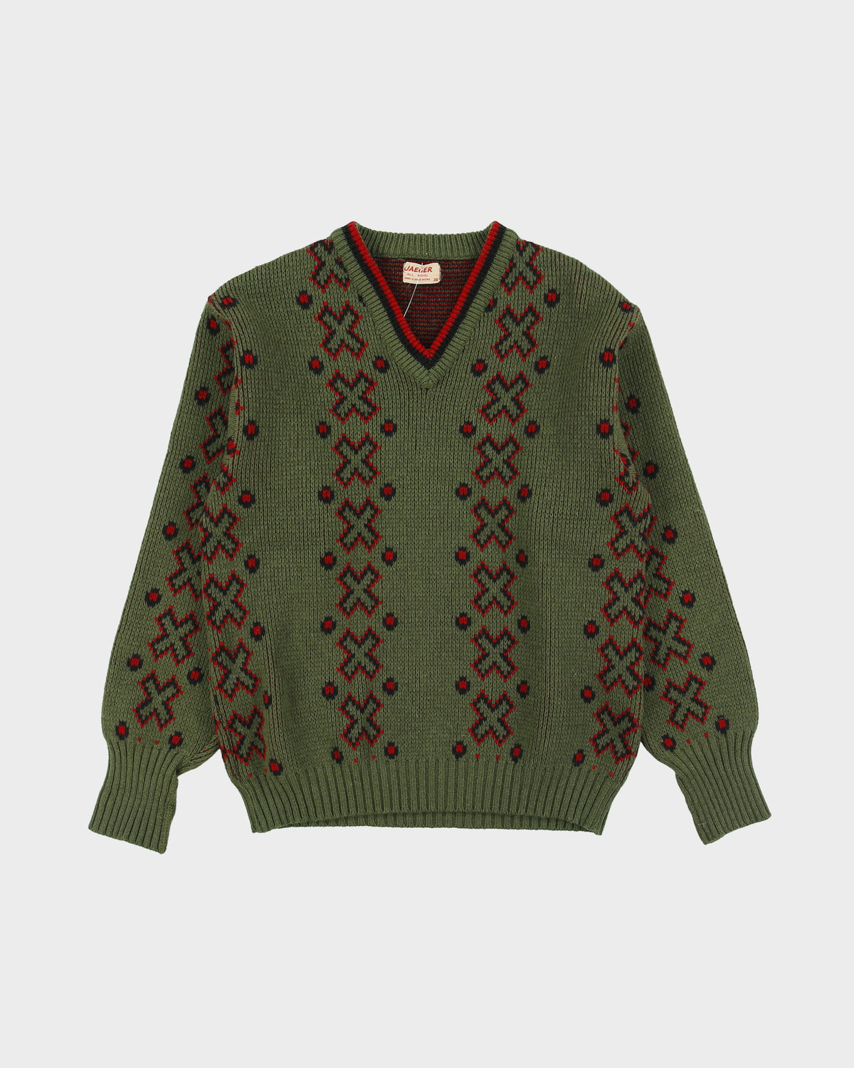 Vintage 1980s Jaeger V-neck Wool Geometric Pattern Knit Jumper - S
