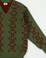 Vintage 1980s Jaeger V-neck Wool Geometric Pattern Knit Jumper - S
