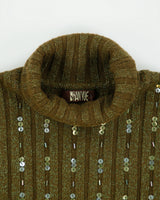 Vintage Y2K 00s Shan Yue Wool Blend Sequin Beaded Roll Neck Knit Top - M