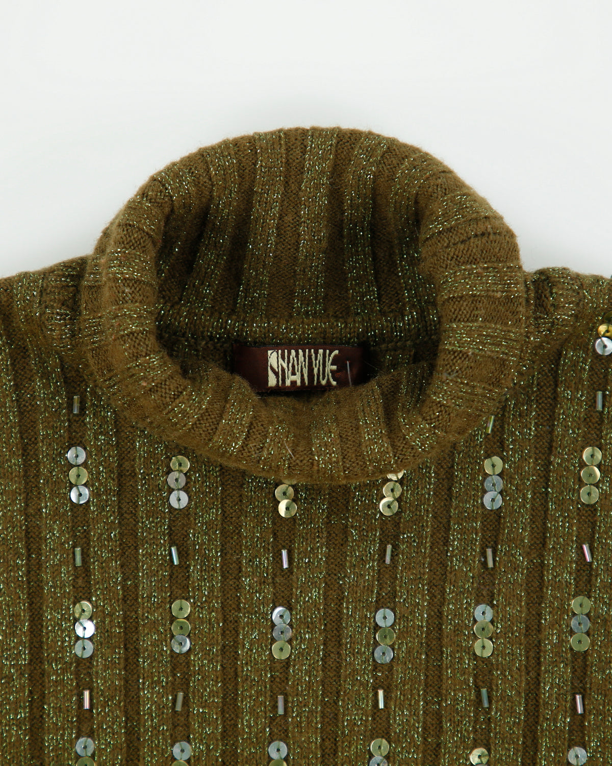 Vintage Y2K 00s Shan Yue Wool Blend Sequin Beaded Roll Neck Knit Top - M