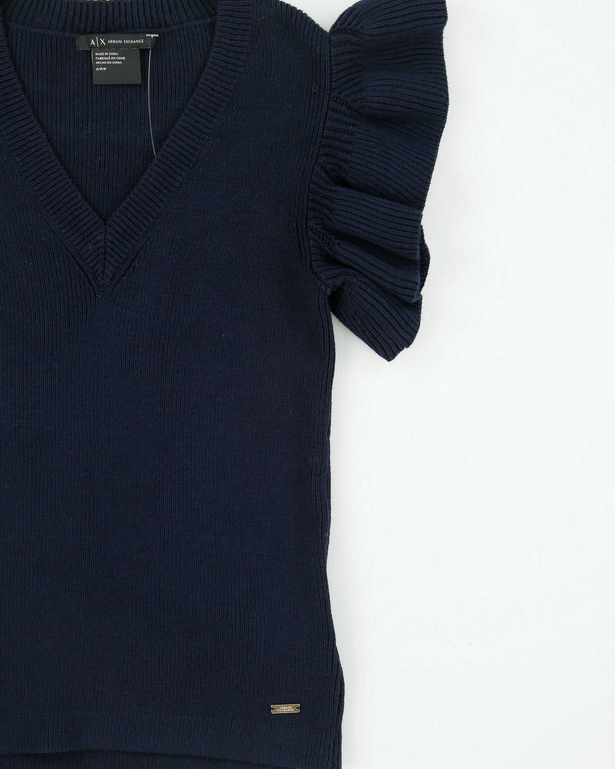 DSWT Vintage Armani Exchange Women's V-Neck Ribbed Knit Ruffle Sleeve Jumper - S