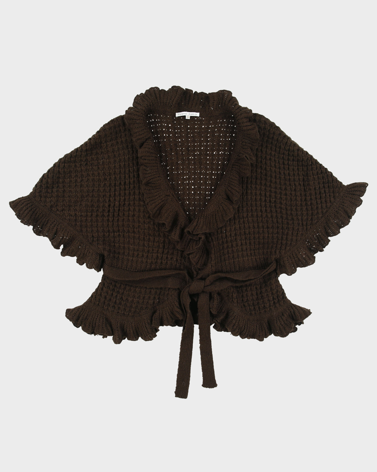 Vintage Y2K 00s Tempo Paris Women's Chunky Knit Belted Short Sleeve Ruffle Cardigan - S
