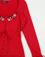 Vintage Y2K 00s Betsey Johnson Sparkly Fine Knit Beaded Button-Up Top - S