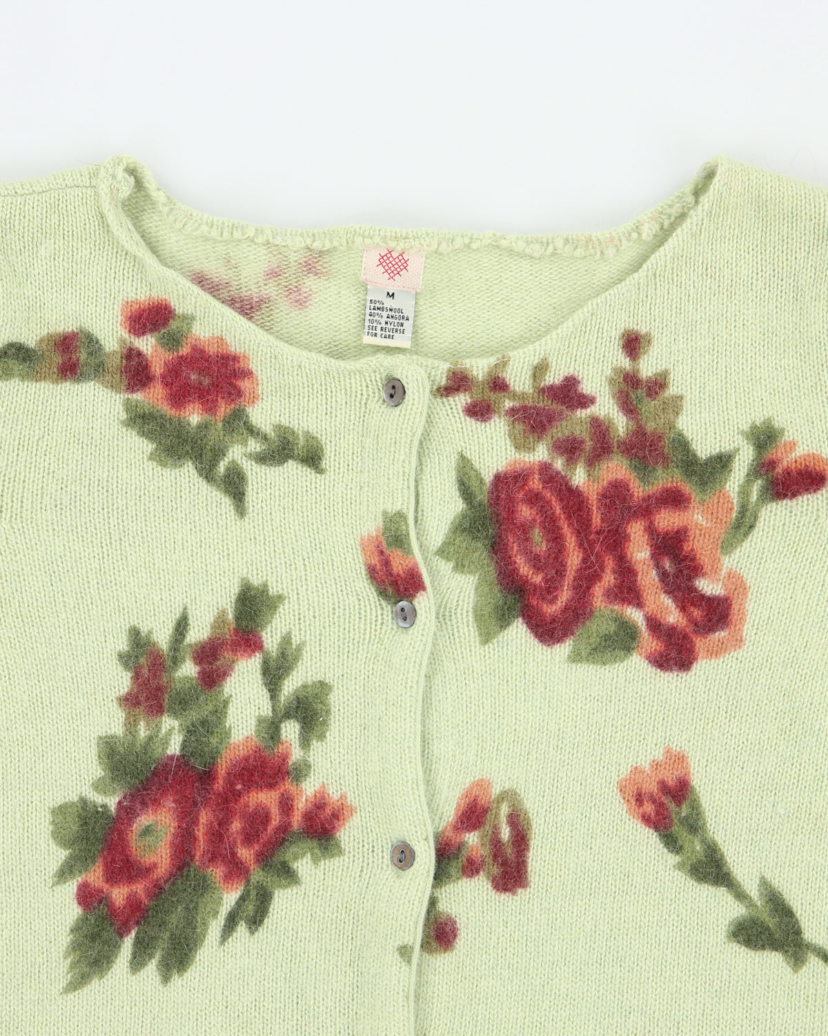 Vintage 1990s Cross Stitch Heart Angora &amp; Wool Blend Floral Cardigan - M