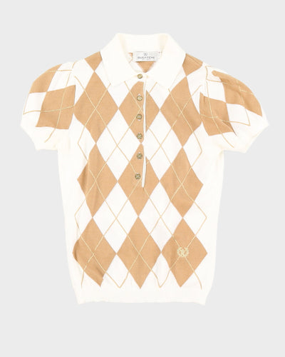 Cream And Beige Harlequin Patterned Knitted Jumper - XS