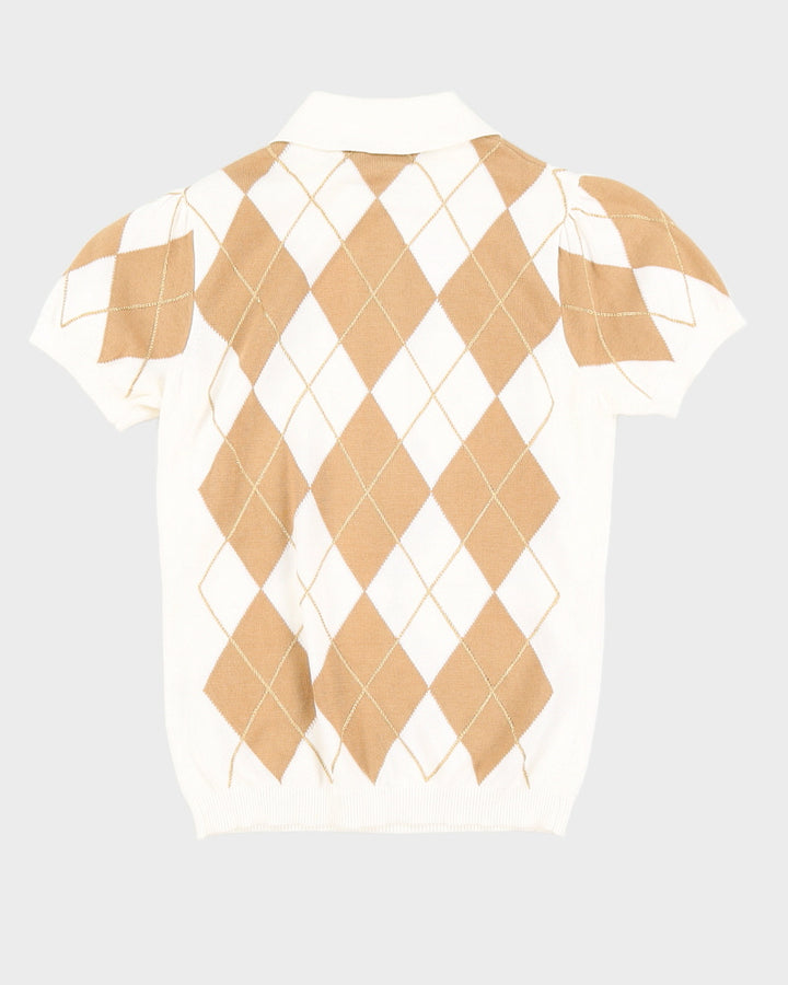 Cream And Beige Harlequin Patterned Knitted Jumper - XS