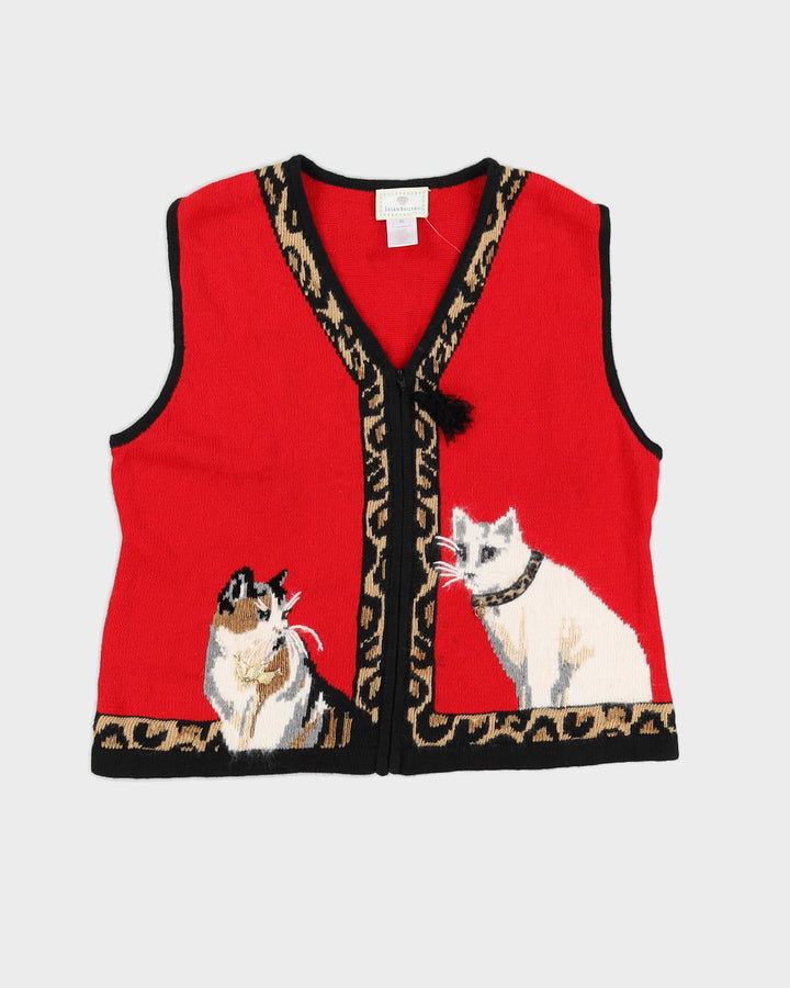 Vintage 1997 Susan Bristol Cat Knit Zip Up Vest - L/XL