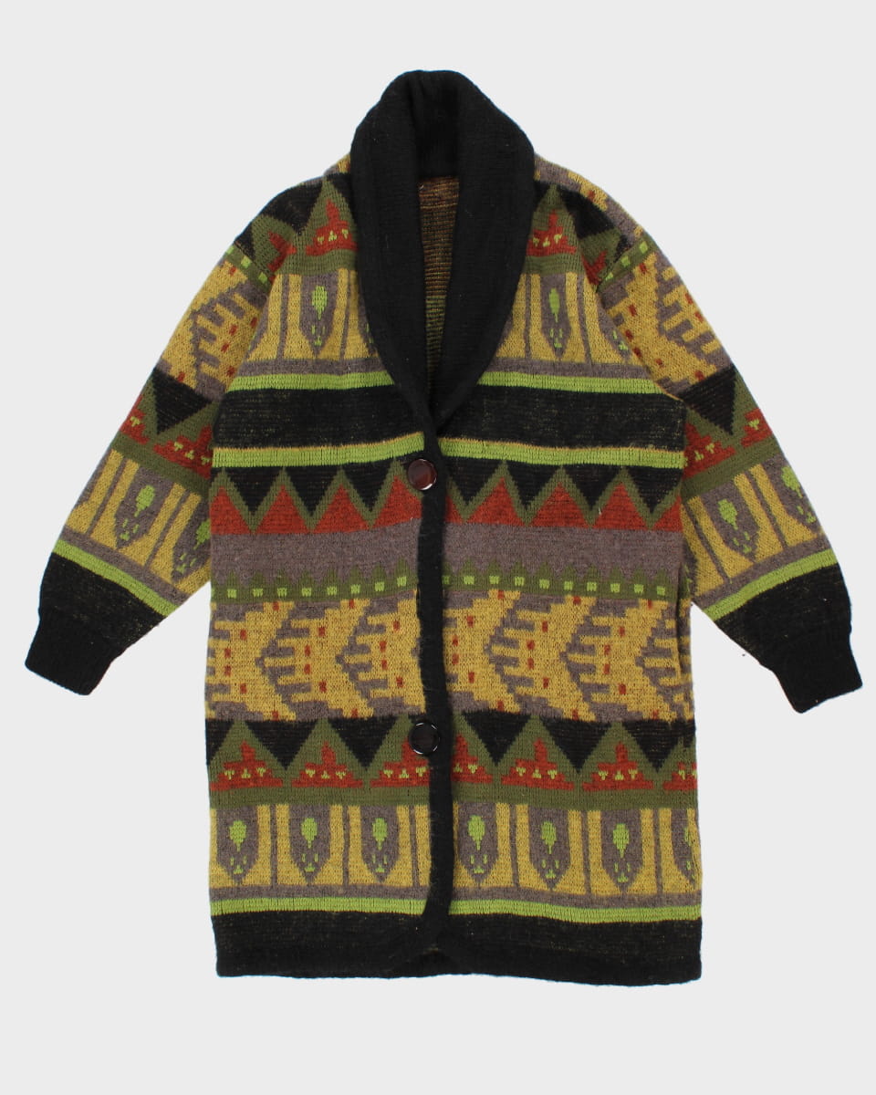 Vintage Knit Patterned Long Cardigan - M