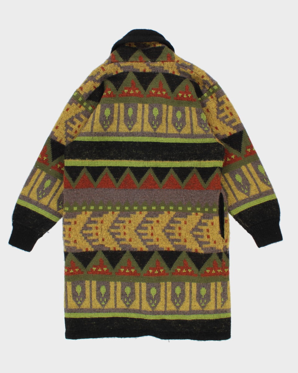 Vintage Knit Patterned Long Cardigan - M