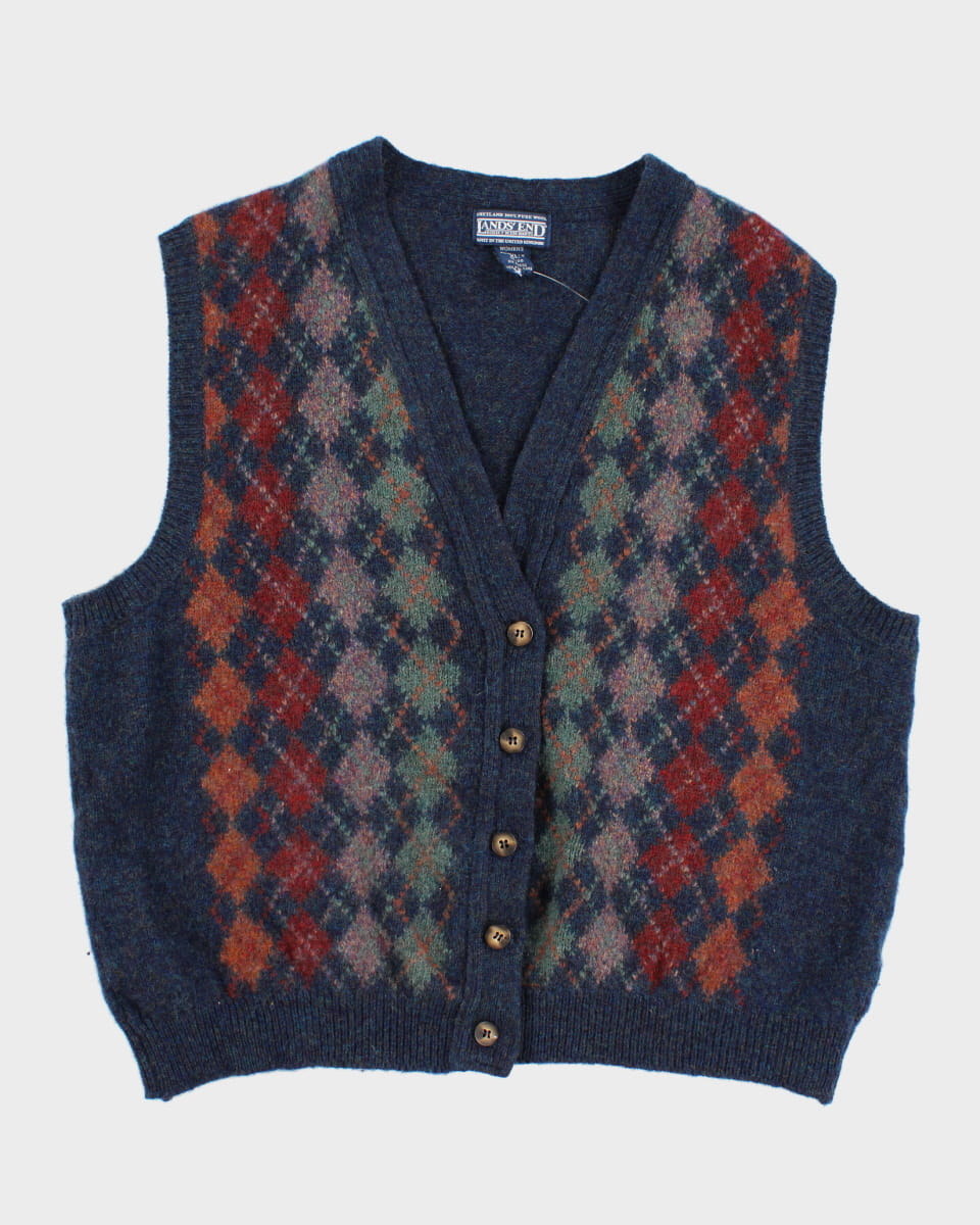 Vintage Lands' End Wool Argyle Button Up Vest - XL