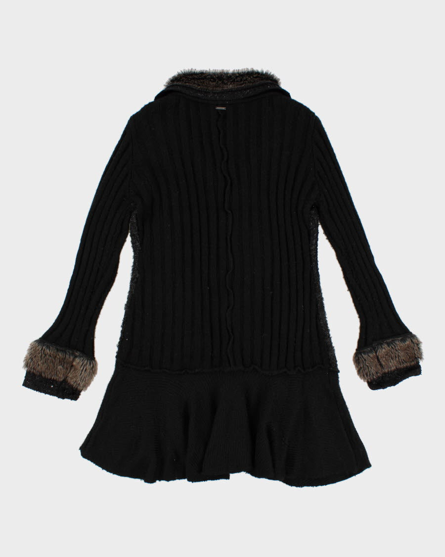 00s Faux Fur Collared Long Sequined Wool Blend Cardigan - L