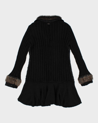 00s Faux Fur Collared Long Sequined Wool Blend Cardigan - L