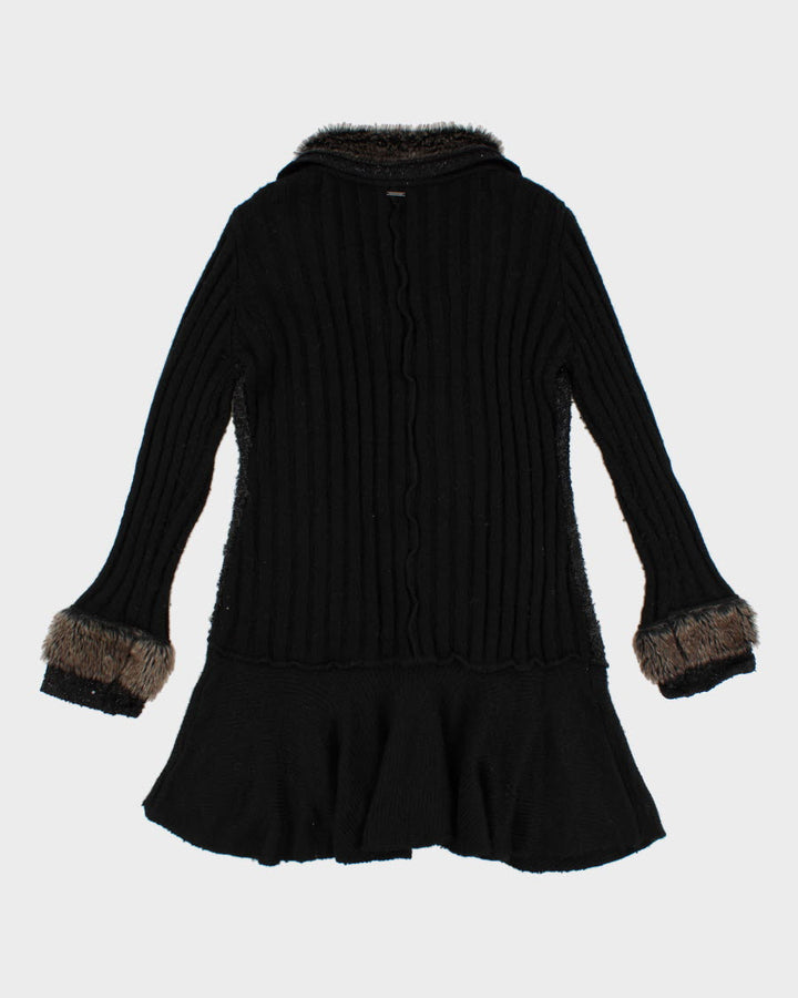 00s Faux Fur Collared Long Sequined Wool Blend Cardigan - L