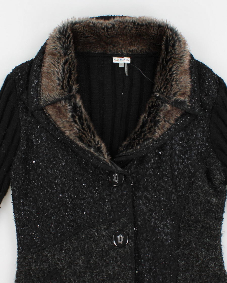 00s Faux Fur Collared Long Sequined Wool Blend Cardigan - L