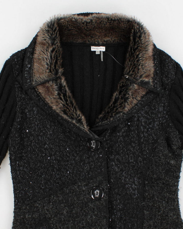 00s Faux Fur Collared Long Sequined Wool Blend Cardigan - L