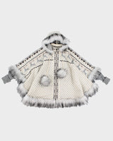 Faux Fur Hemmed Nordic Knit Poncho - L