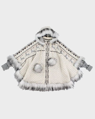 Faux Fur Hemmed Nordic Knit Poncho - L